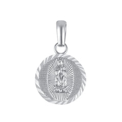 Diamond Cut St. Mary Round Charm Pendant Necklace in Sterling Silver