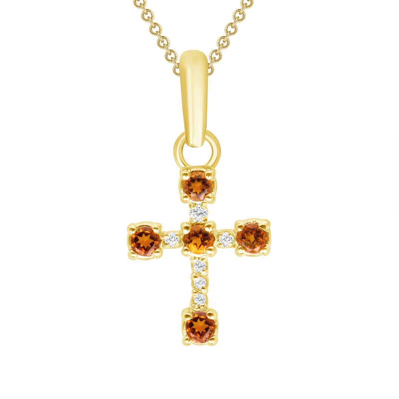 Dainty Genuine Citrine and Diamond Gemstone Cross Pendant Necklace in Solid Gold