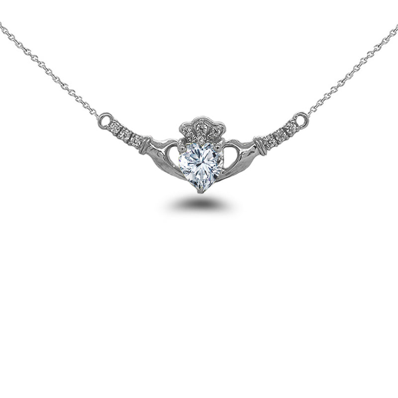 Claddagh Diamond & April Birthstone Heart Necklace in Solid Sterling Silver
