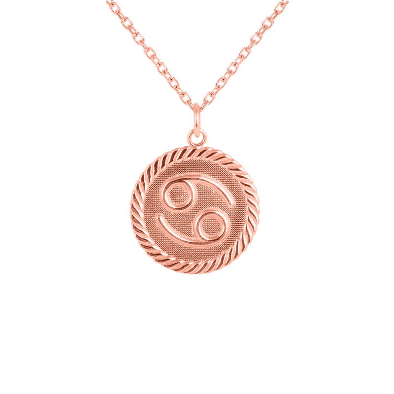 Reversible Cancer Zodiac Sign Charm Coin Pendant Necklace in Solid Gold