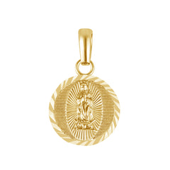 Diamond Cut St. Mary Round Charm Pendant Necklace in Solid Gold