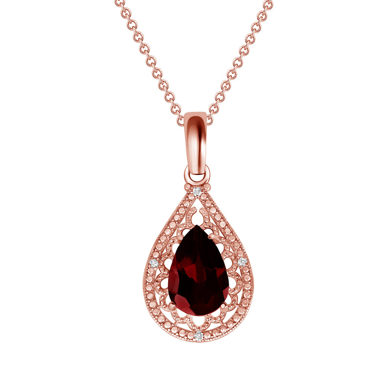 Genuine Garnet and Diamond Filigree Charm Pendant Necklace in Solid Gold