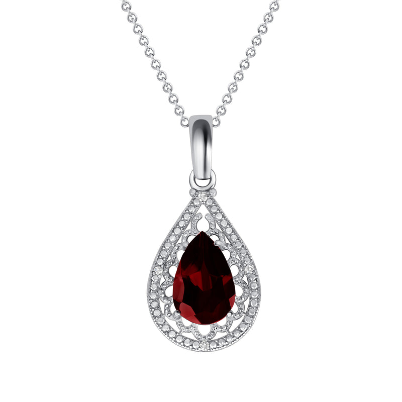 Genuine Garnet Filigree Charm Pendant Necklace in Solid Sterling Silver