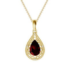 Pear-Shaped Garnet and Diamond Filigree Charm Pendant Necklace in Solid Gold