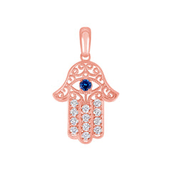 Blue Sapphire Evil Eye Hamsa Hand with Diamond Pendant Necklace in Solid Gold