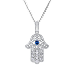 Blue Sapphire Evil Eye Hamsa Hand with Diamond Pendant Necklace in Solid Gold