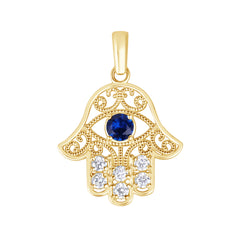 Hamsa Hand Filigree-Style CZ Pendant Necklace in Solid Gold
