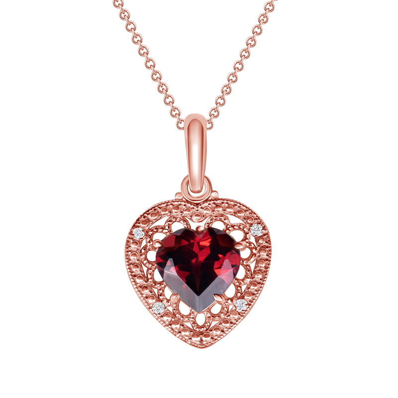 Heart-Shaped Garnet and Diamond Filigree Charm Pendant Necklace in Solid Gold