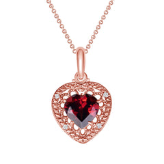 Heart-Shaped Garnet and Diamond Filigree Charm Pendant Necklace in Solid Gold