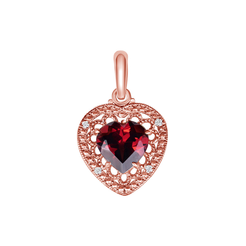 Heart-Shaped Garnet and Diamond Filigree Charm Pendant Necklace in Solid Gold