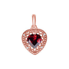 Heart-Shaped Garnet and Diamond Filigree Charm Pendant Necklace in Solid Gold