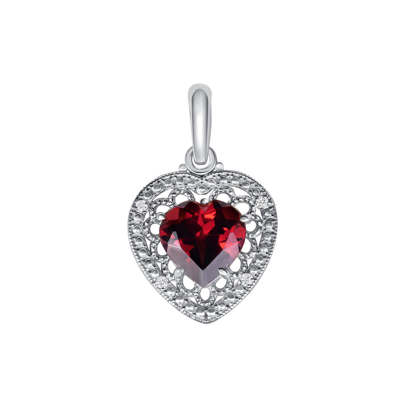 Heart-Shaped Garnet and CZ Filigree Charm Pendant Necklace in Solid Sterling Silver