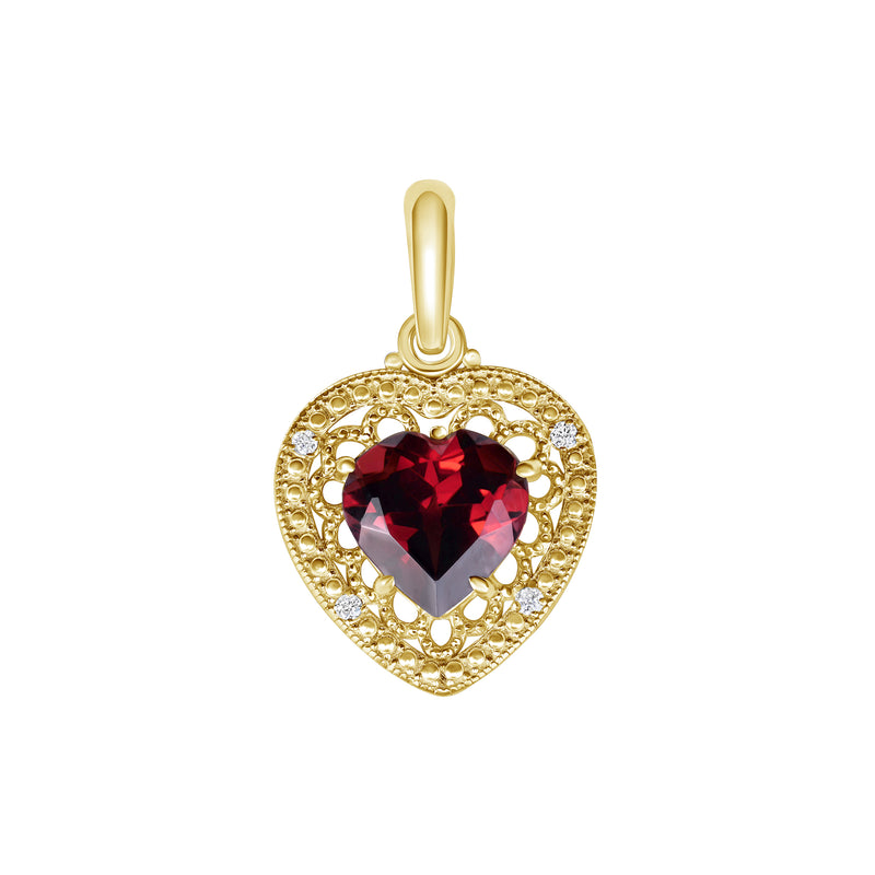 Heart-Shaped Garnet and Diamond Filigree Charm Pendant Necklace in Solid Gold