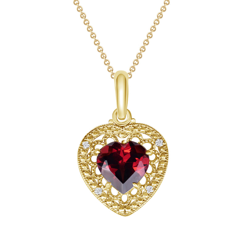 Heart-Shaped Garnet and Diamond Filigree Charm Pendant Necklace in Solid Gold