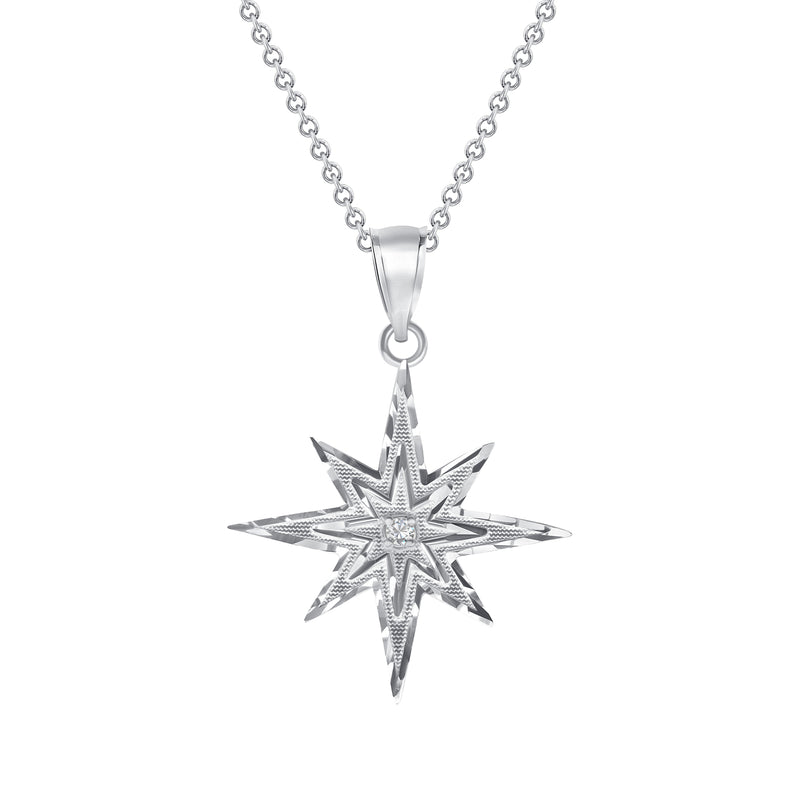 CZ-Accented North Star Charm Pendant Necklace in Solid Sterling Silver