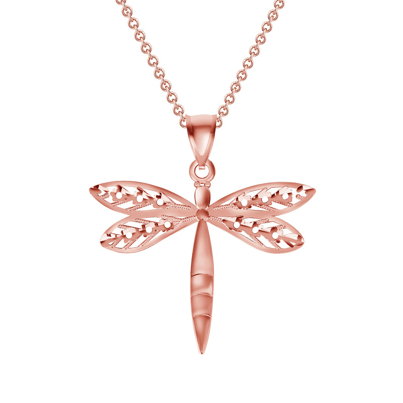 Dragonfly Open-Winged Charm Pendant Necklace in Solid Gold