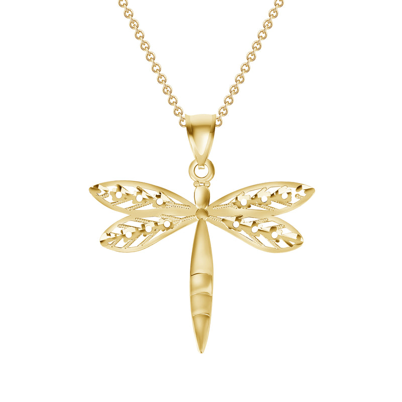 Dragonfly Open-Winged Charm Pendant Necklace in Solid Gold