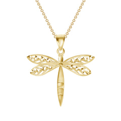 Dragonfly Open-Winged Charm Pendant Necklace in Solid Gold