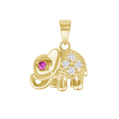 Pink Tourmaline Eye and Diamond Elephant Pendant Necklace in Solid Gold