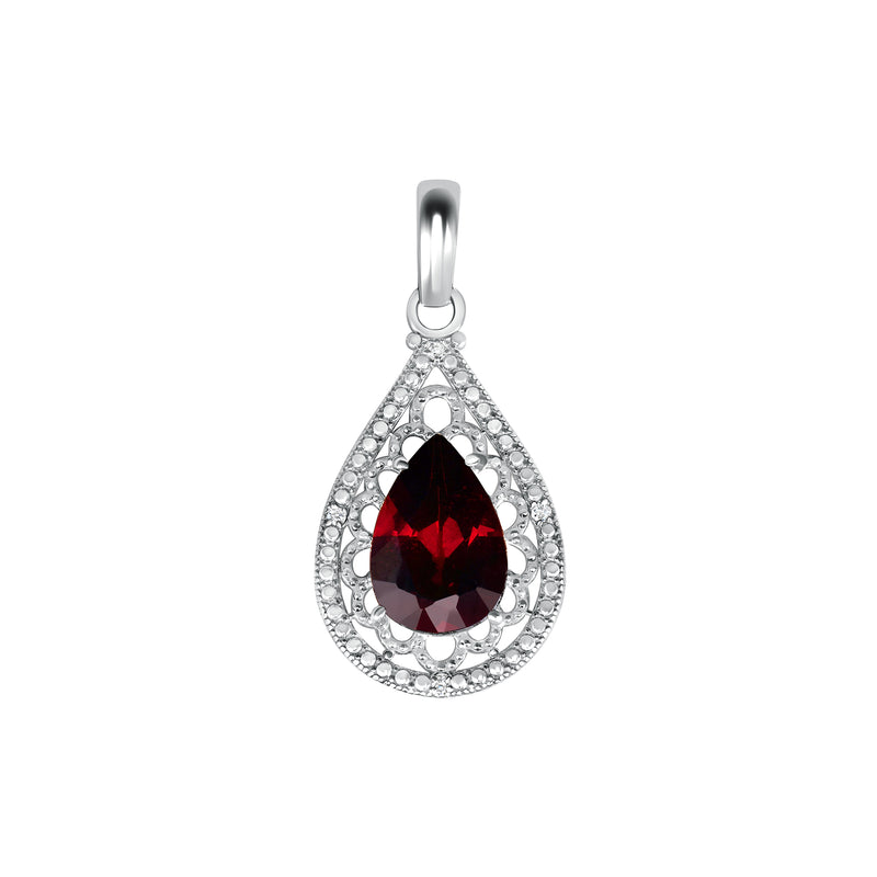 Genuine Garnet Filigree Charm Pendant Necklace in Solid Sterling Silver