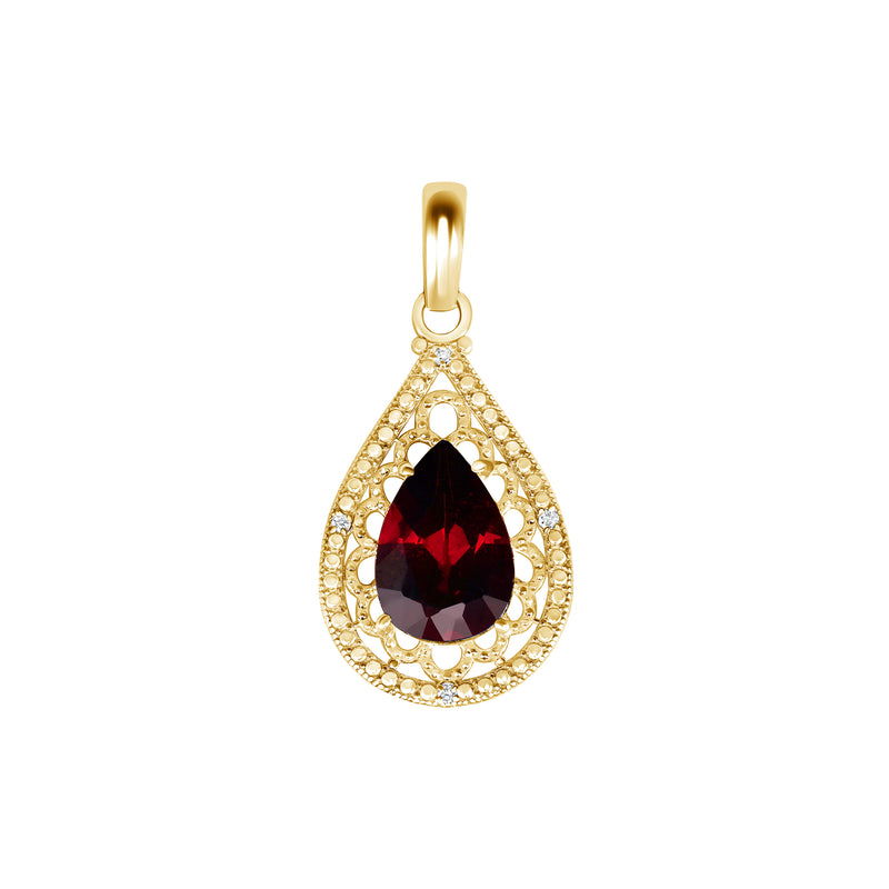 Pear-Shaped Garnet and Diamond Filigree Charm Pendant Necklace in Solid Gold