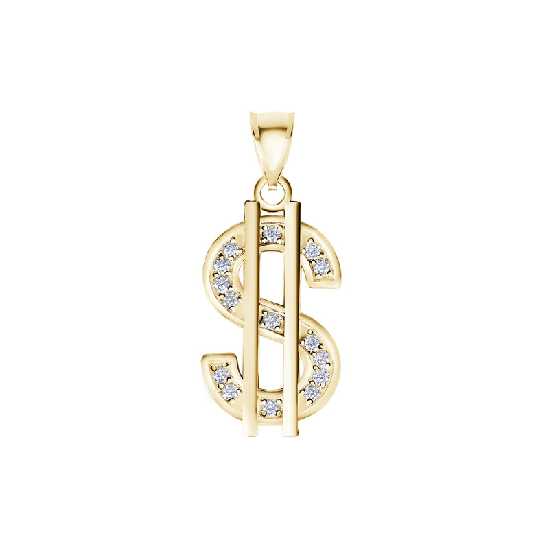 Dollar Sign CZ-Accented Pendant Necklace in Solid Gold