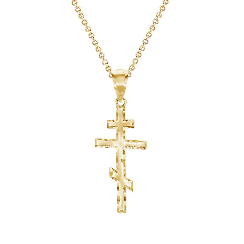 Gold Plated Diamond Cut Eastern Orthodox Cross Necklace - Vermeil Christian Cross Pendant For Men And Women - Religious Cross Charm - Christian Jewelry For Gifts Made In USA.
