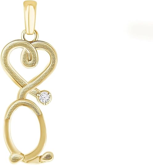 Textured Heart-Shaped Stethoscope Pendant Necklace – 925 Sterling Silver Gold Plated Vermeil Charm Necklace with Cubic Zirconia