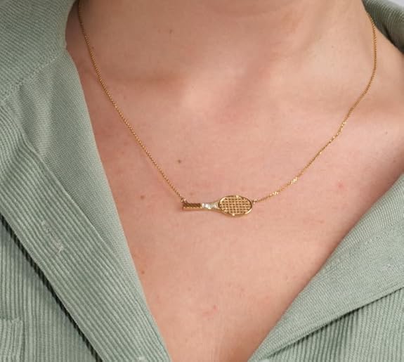 Tennis Racket Pendant Necklace for Women – Gold Plated 925 Sterling Silver Necklace with Cubic Zirconia – Tennis Gifts for Her – Made in USA