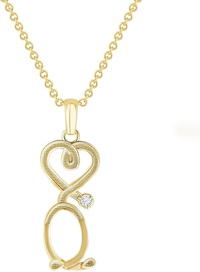 Textured Heart-Shaped Stethoscope Pendant Necklace – 925 Sterling Silver Gold Plated Vermeil Charm Necklace with Cubic Zirconia