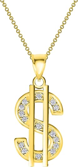 Gold Plated Dollar Sign Pendant Necklace - Dollar Vermeil Pendant Necklace with Cubic Zirconia
