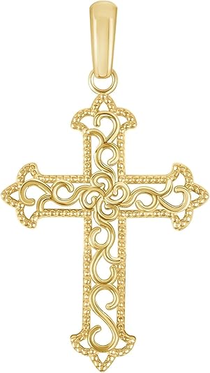 Gold Plated Solid Gold Filigree Open Work Pendant Necklace - Vermeil Christian Cross Pendant