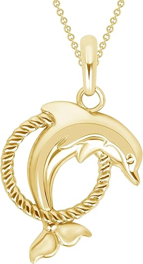 Gold Plated Dolphin Rope Charm Pendant Necklace - Vermeil Dolphin Rope Pendant