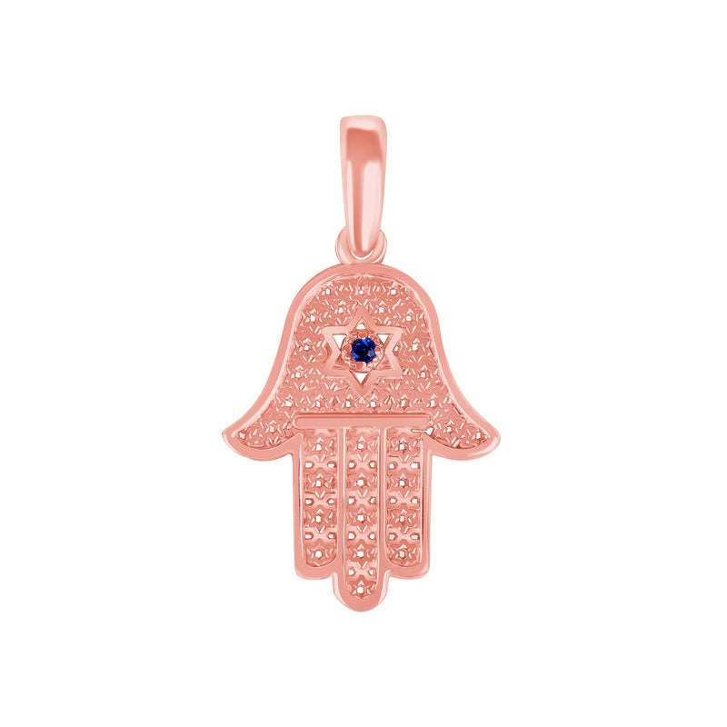 Genuine Sapphire Hamsa Hand with Star of David Pendant Necklace in Solid Gold