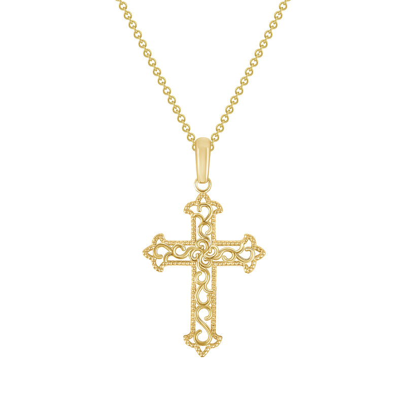Gold Plated Solid Gold Filigree Open Work Pendant Necklace - Vermeil Christian Cross Pendant