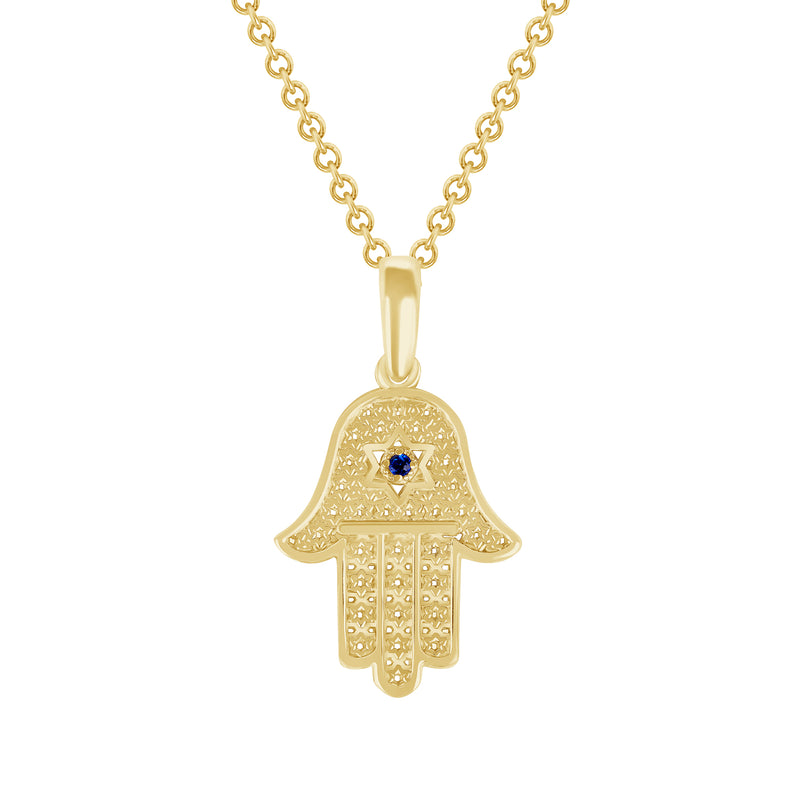 Genuine Sapphire Hamsa Hand with Star of David Pendant Necklace in Solid Gold