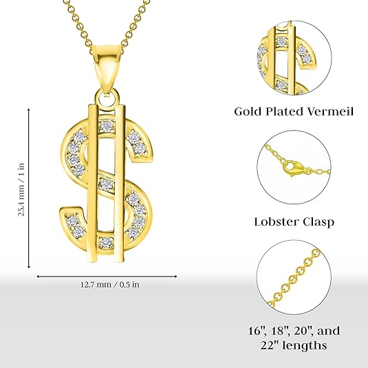 Gold Plated Dollar Sign Pendant Necklace - Dollar Vermeil Pendant Necklace with Cubic Zirconia