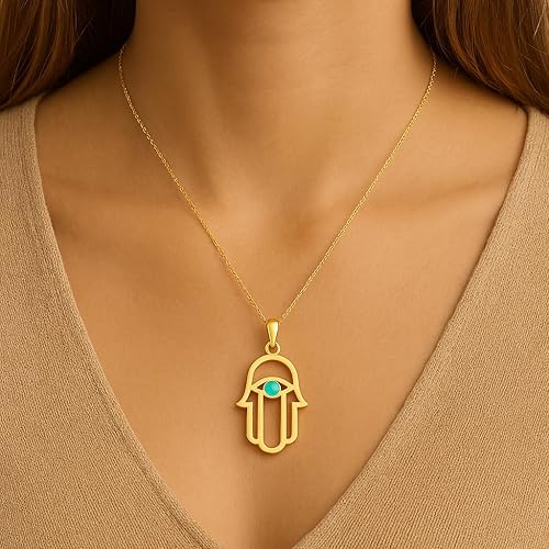 Gold Plated Turquoise Hamsa Hand Pendant – Vermeil Evil Eye Protection Jewelry for Women and Men - Good Luck Amulet Charm in 16" to 20" Chain - Spiritual Gift Made in USA