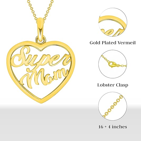 Gold Plated Super Mom Open Heart Pendant - Vermeil Mother’s Day Jewelry Gift for Women - Elegant Mom Charm for Necklace - Super Mother Pendant Made in USA