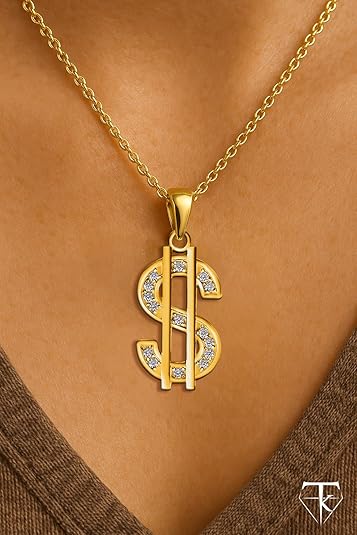 Gold Plated Dollar Sign Pendant Necklace - Dollar Vermeil Pendant Necklace with Cubic Zirconia
