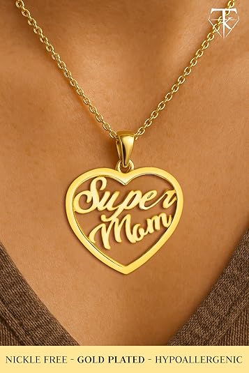 Gold Plated Super Mom Open Heart Pendant - Vermeil Mother’s Day Jewelry Gift for Women - Elegant Mom Charm for Necklace - Super Mother Pendant Made in USA