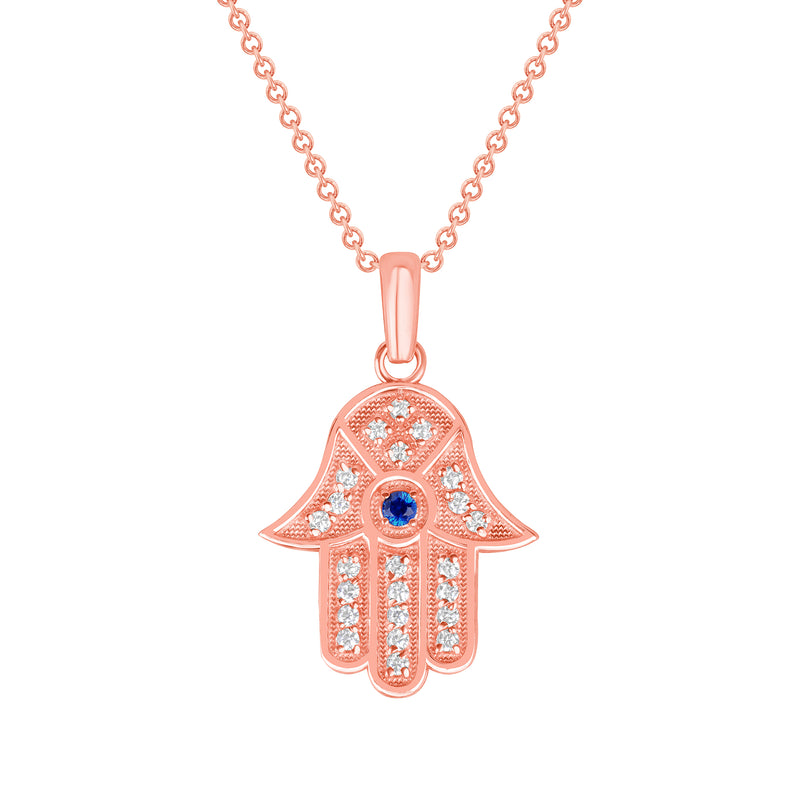 Blue Sapphire Hamsa Hand Diamond-Accented Pendant Necklace in Solid Gold