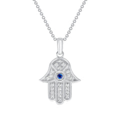 Blue Sapphire Hamsa Hand CZ-Accented Pendant Necklace in Solid Sterling Silver