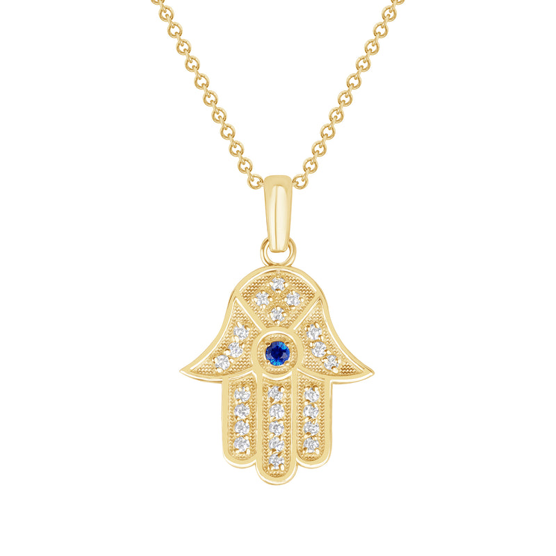 Blue Sapphire Hamsa Hand Diamond-Accented Pendant Necklace in Solid Gold