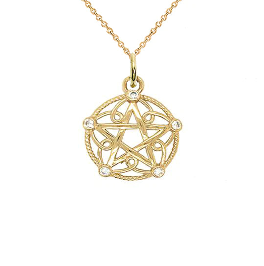 CZ Pentagram Rope Pendant Necklace in Solid Gold