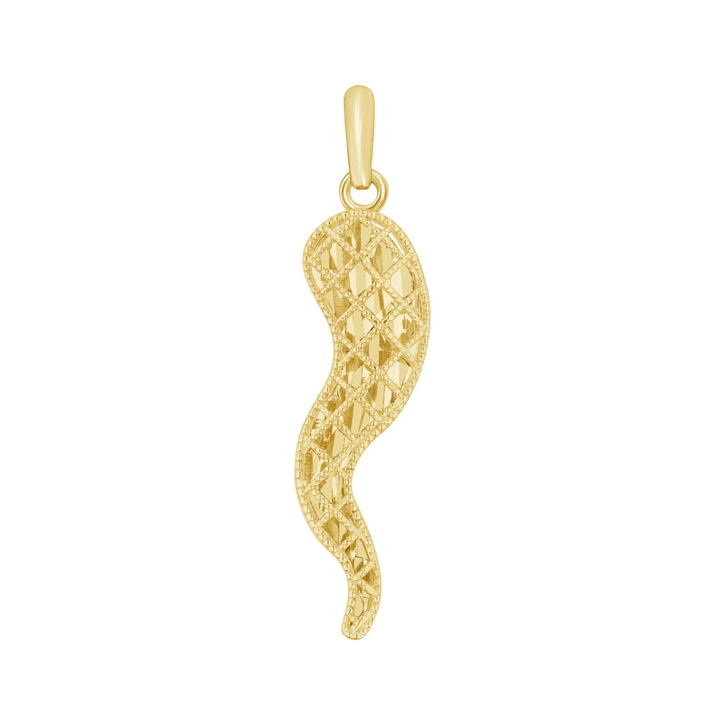 Lucky Italian Cornicello Horn Sparkle Cut Pendant in Solid Gold