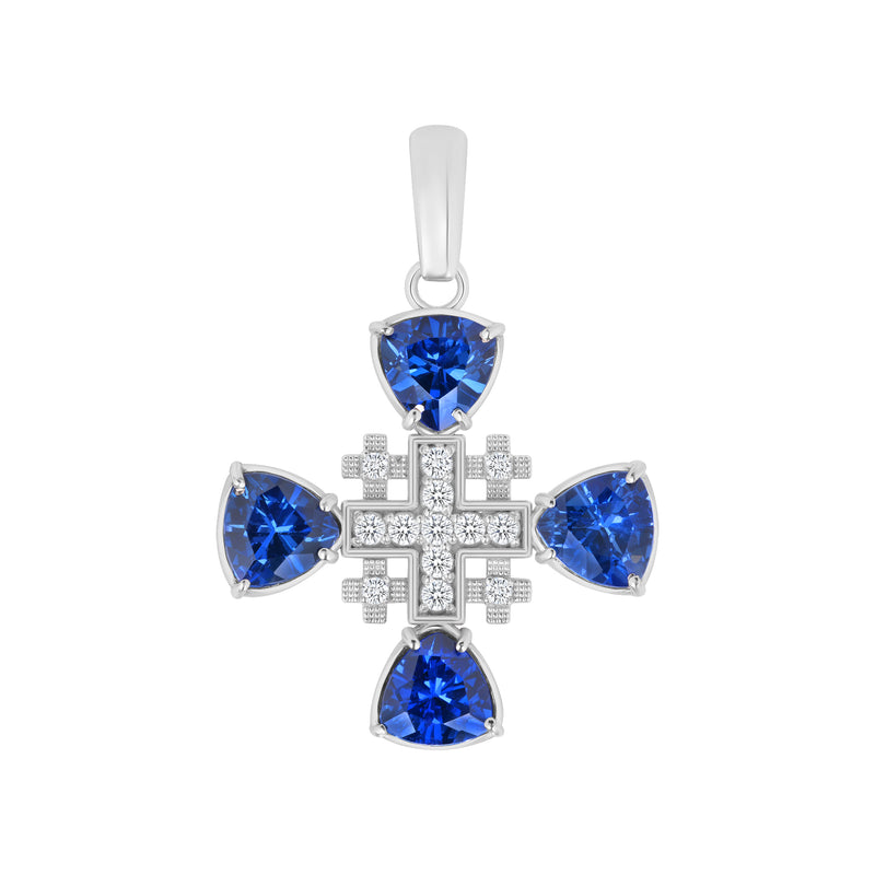 Lab Created Sapphire and Diamond Large Jerusalem Cross in Solid Gold