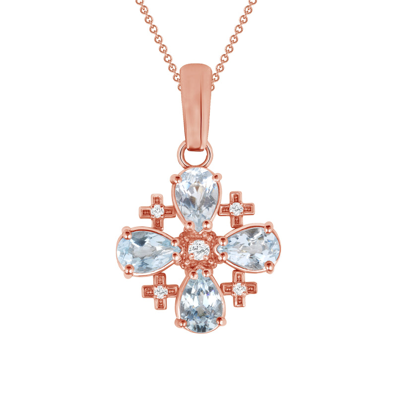 Aquamarine Diamond Jerusalem Cross Pendant in Solid Gold