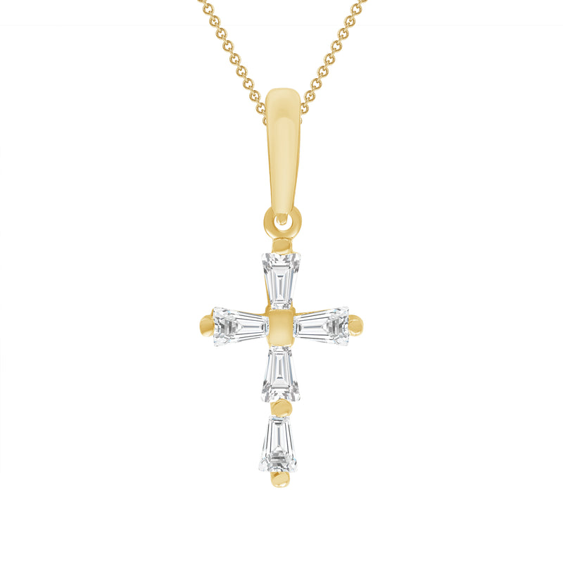 Dainty Baguette CZ Studded Cross Pendant Necklace in Solid Gold