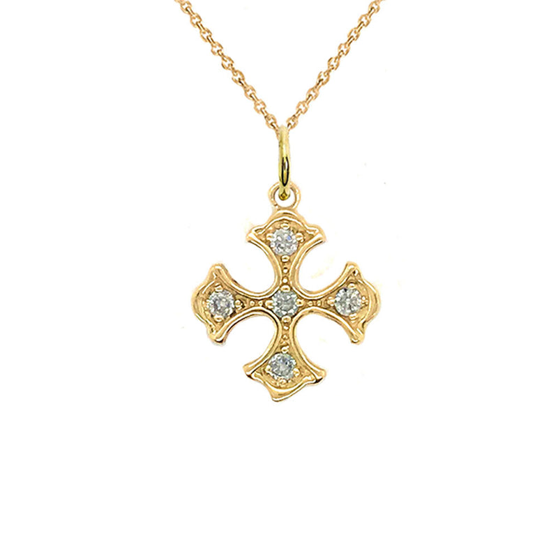 CZ Heraldic Cross Charm Pendant Necklace in Solid Gold